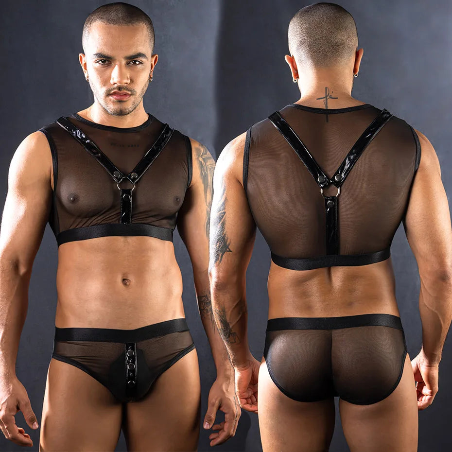 Men Leather Bodysuit & Pants Set Alluring Lingerie