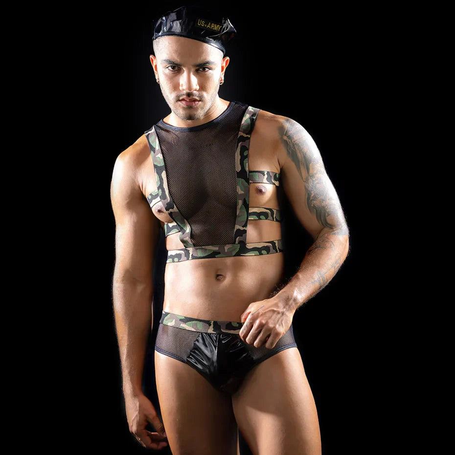 Men Army Cosplay Lingerie Set 4 Pieces Bondage Top & Pants