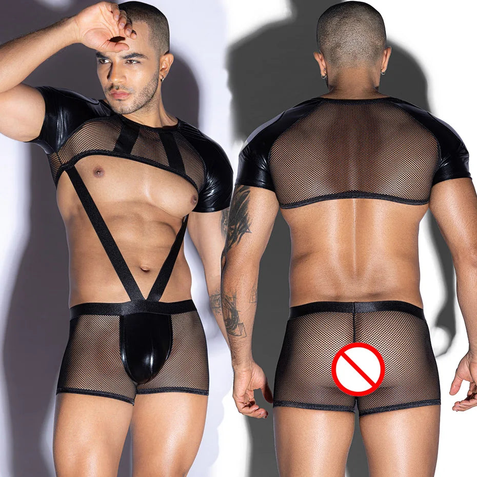 Men Leather Top & Pant Set 2 Piece Alluring Lingerie