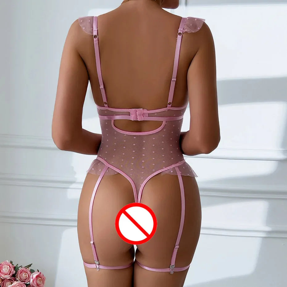 Embroidered Lace Pink Bodysuit Alluring Women Underwear