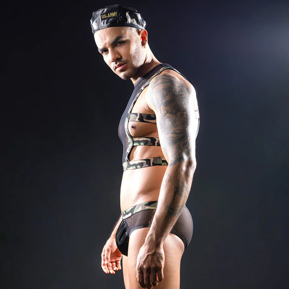Men Army Cosplay Lingerie Set 4 Pieces Bondage Top & Pants