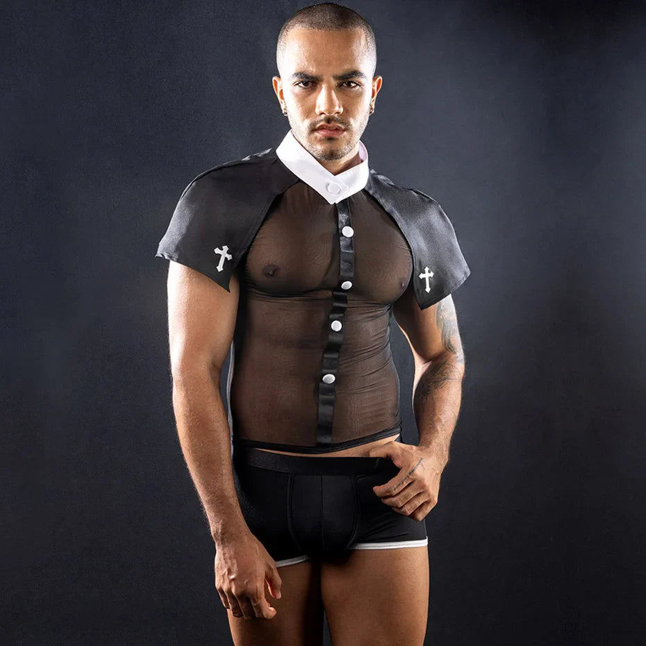 Alluring Priest Cosplay Lingerie Men Black Bodysuit
