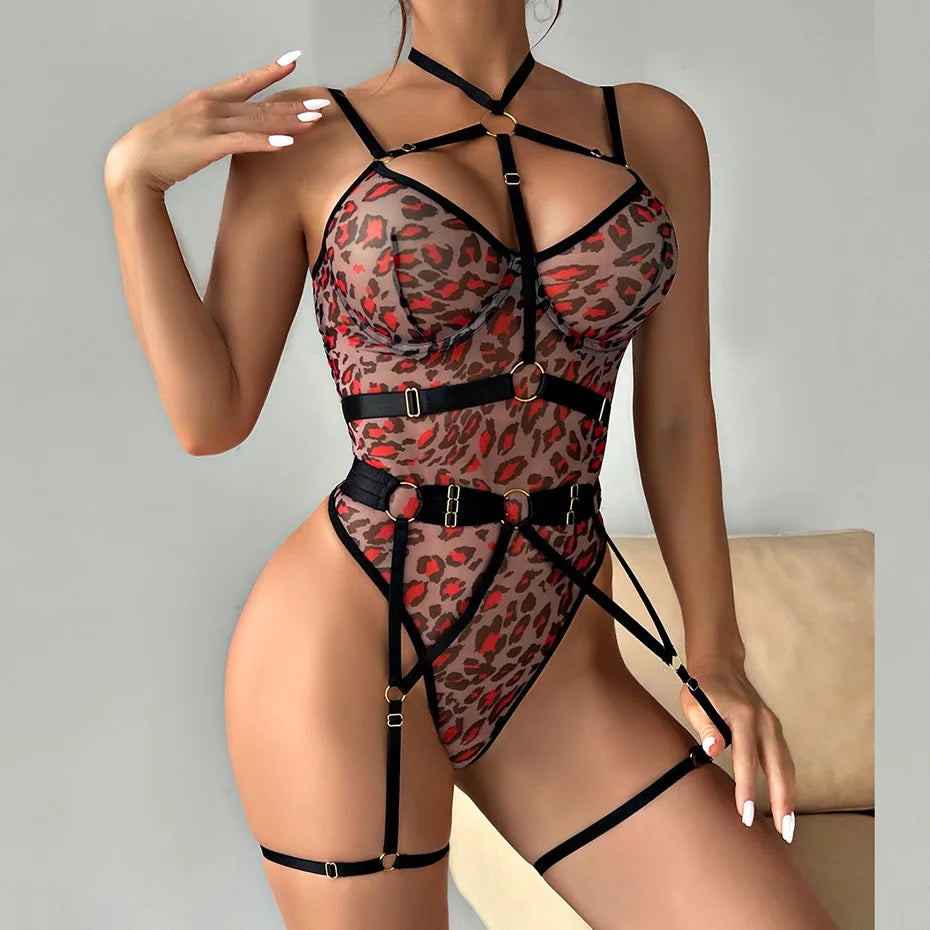 Alluring Lace Bodysuit Leopard Print Open Crotch Teddy