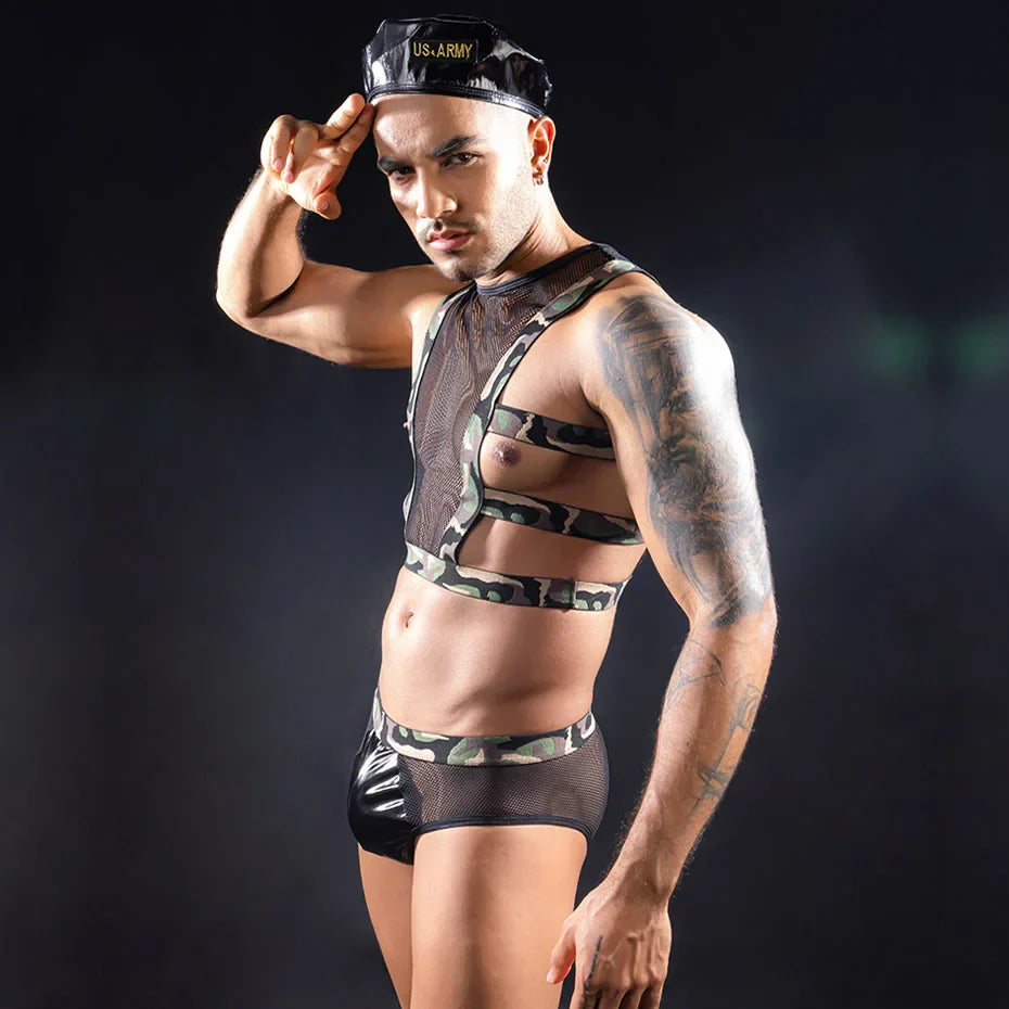Men Army Cosplay Lingerie Set 4 Pieces Bondage Top & Pants
