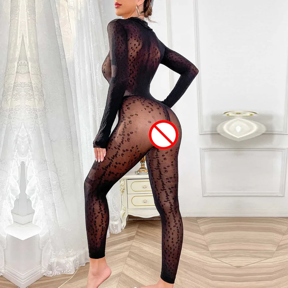 Alluring Black Leopard Bodysuit Open Crotch Teddy Lingerie