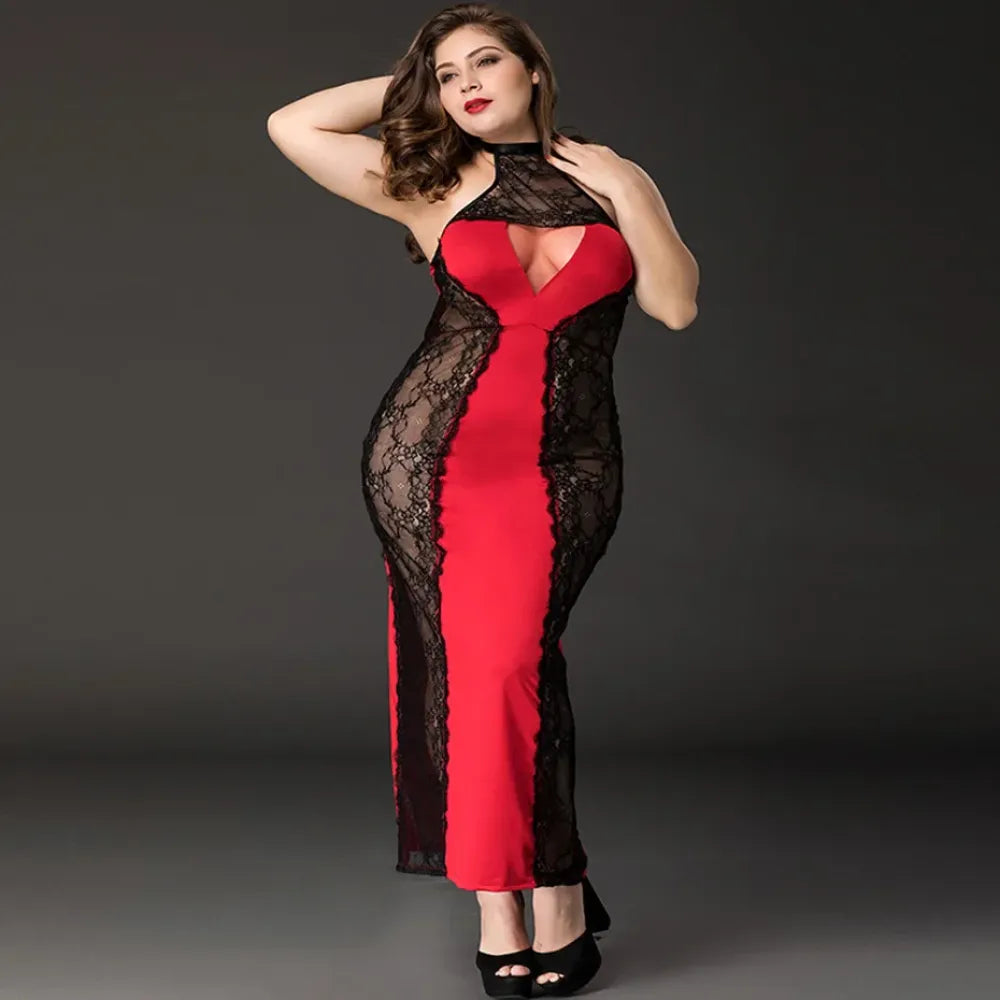 Alluring Lace Babydoll Nightgown Set Plus Size Red Lingerie