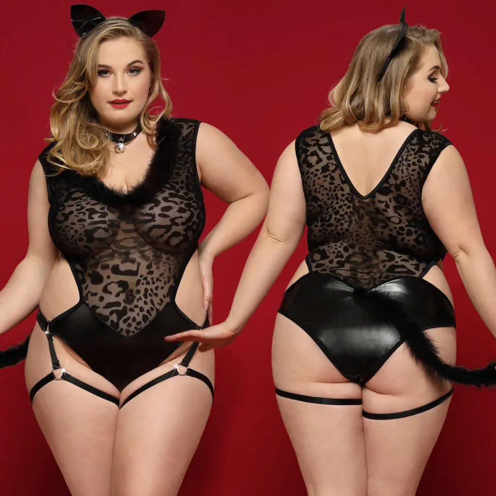 Alluring Leopard Bodysuit Lingerie Plus Size Role Play