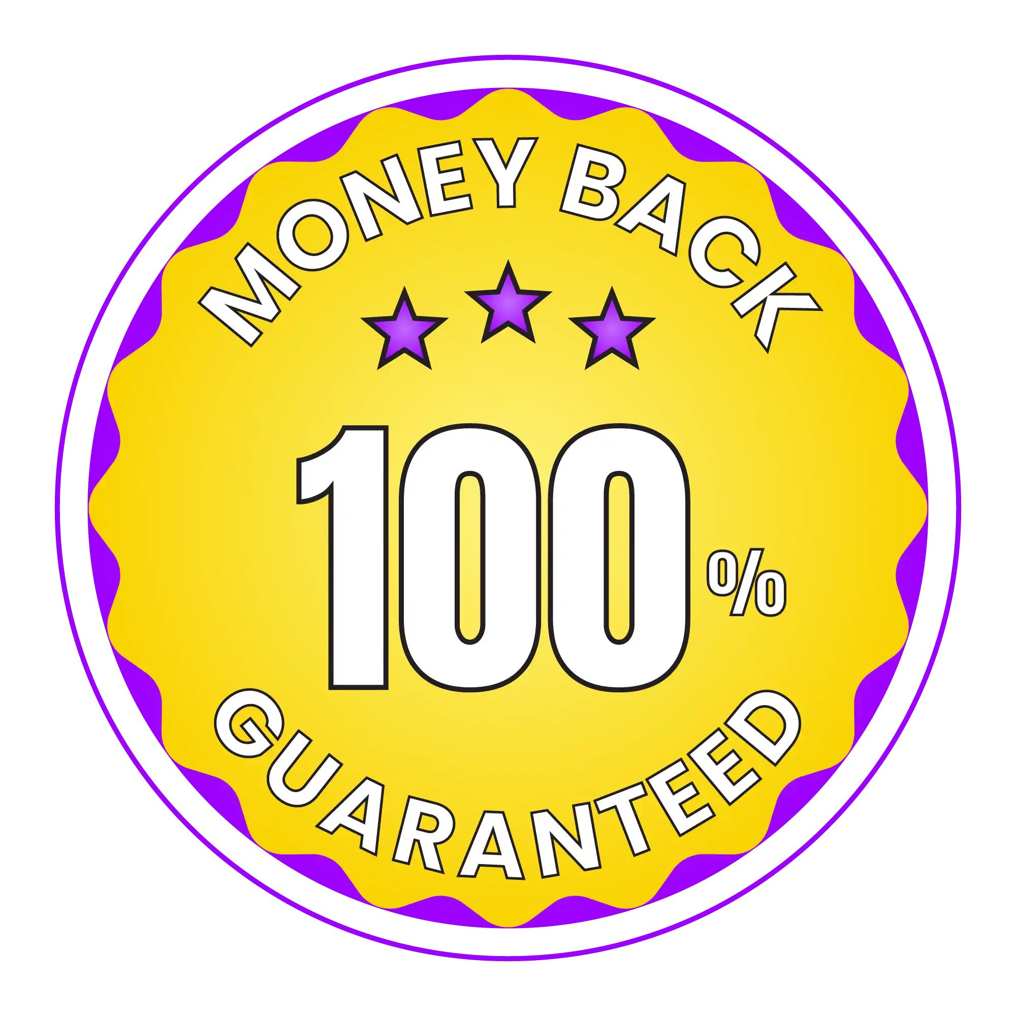 Circular yellow and purple badge displaying ’100% MONEY BACK GUARANTEED’ with three stars.